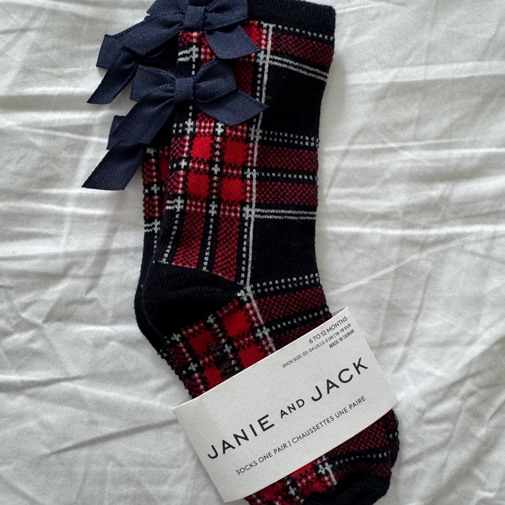 Janie and Jack Baby Navy and Red Plaid Socks with Bows